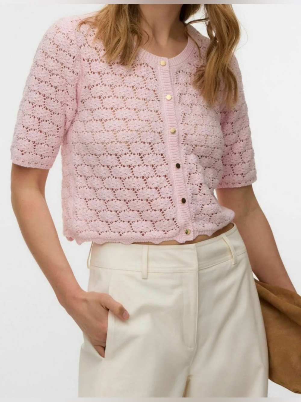 🆕 🩷 VERO MODA 'VMKora' Crochet 2/4 O- Neck Button Pink- a- Boo Cardigan🩷